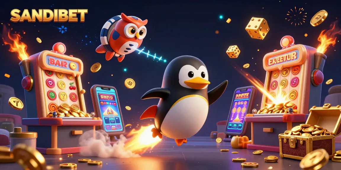 SANDIBET showcases a vibrant 3D scene with a golden penguin racing towards a jackpot casino space station.