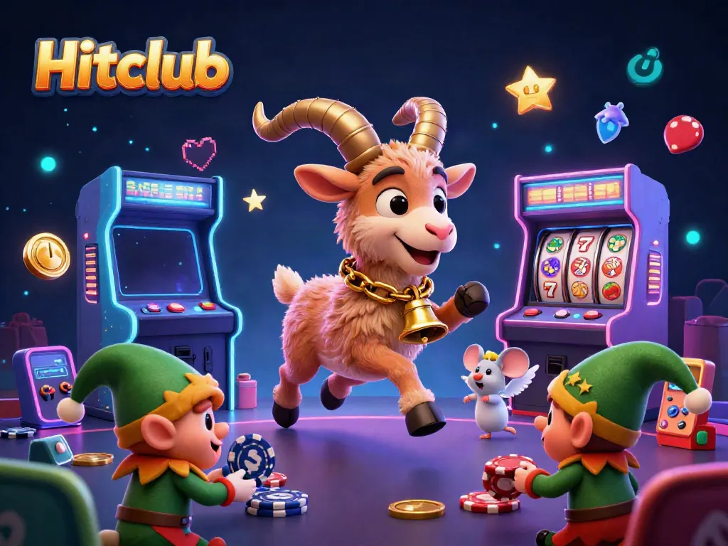 Hitclub casino scene showcasing a festive Krampus goat, angel mouse, and mischievous gremlins in action.