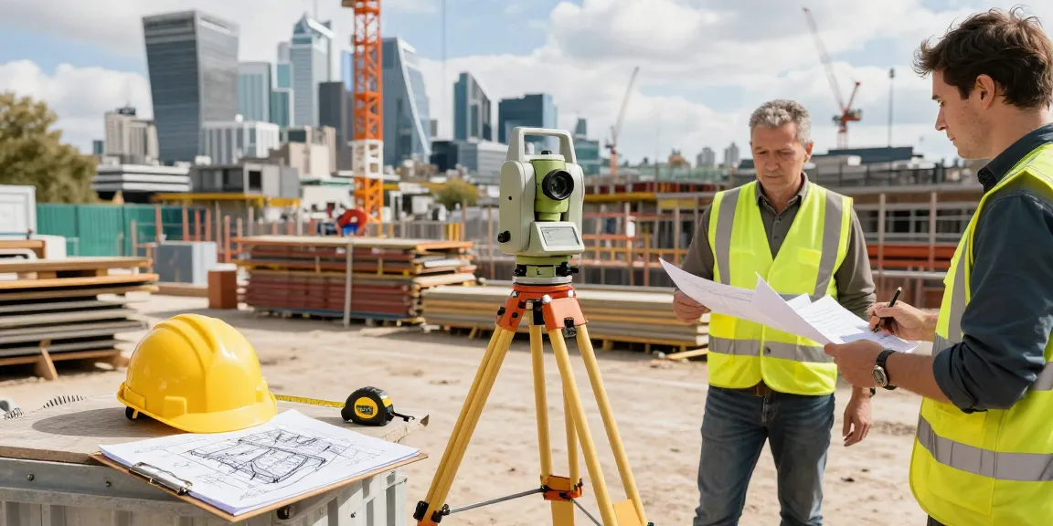 Land surveyors London accurately surveying a construction site in urban setting with modern equipment.