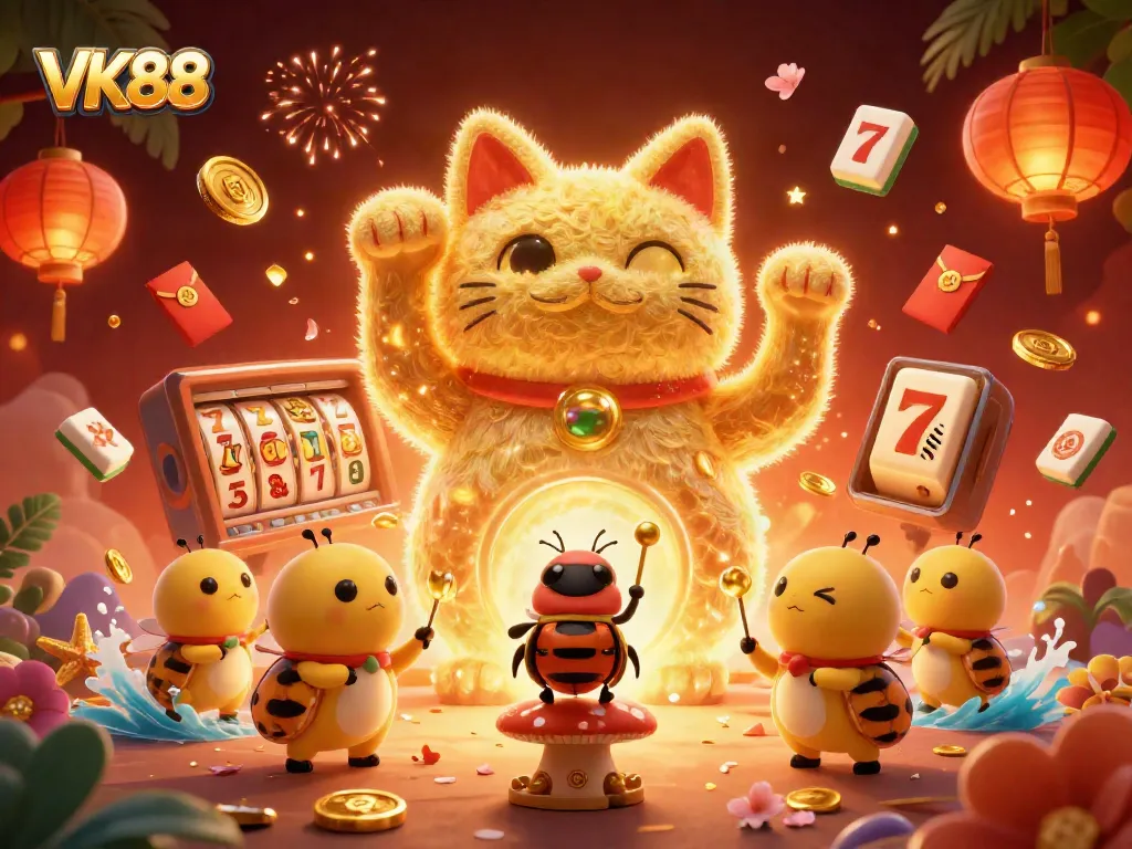 Celebrate luck with VK88 as golden fireflies form a giant casino-themed lucky cat
