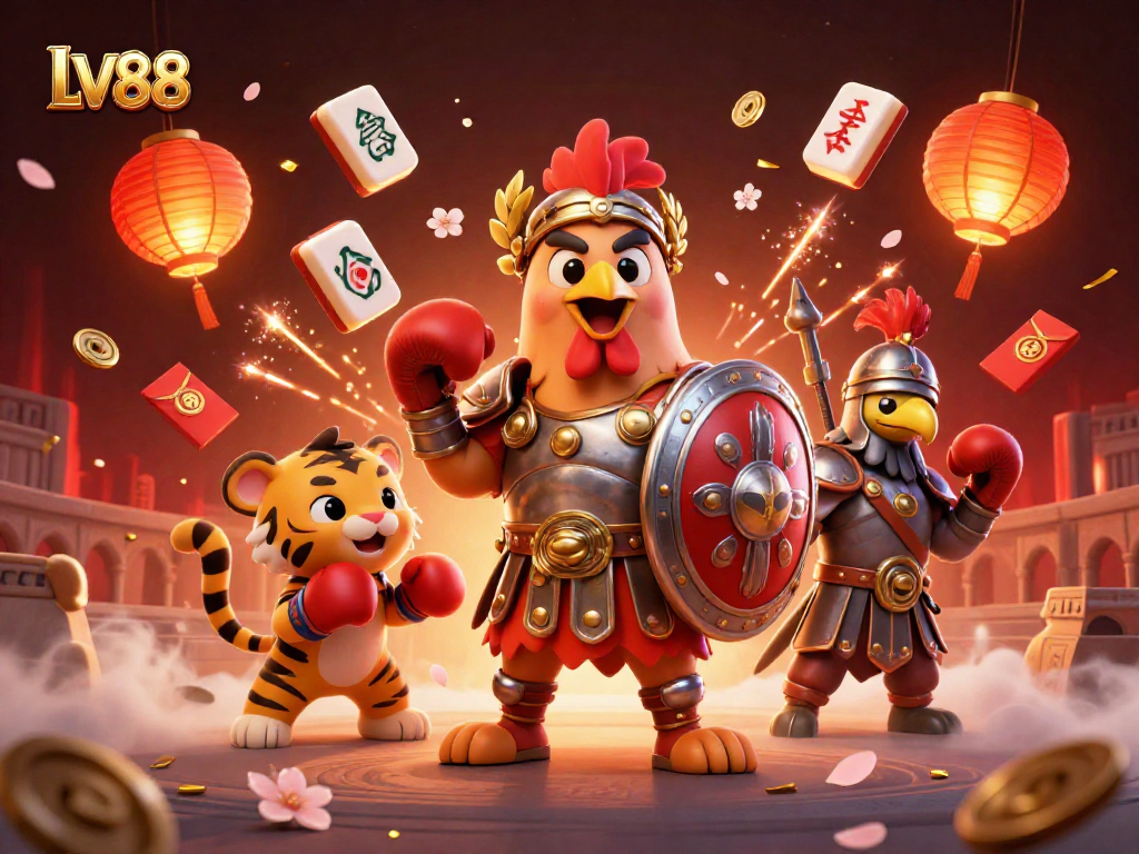 Experience LV88's thrilling gaming scene featuring a gladiator rooster among vibrant mahjong tiles.