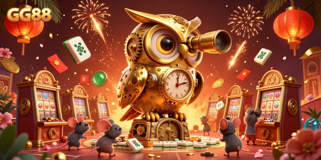 Experience the vibrant GG88 casino scene with dynamic characters and festive elements celebrating luck and play.