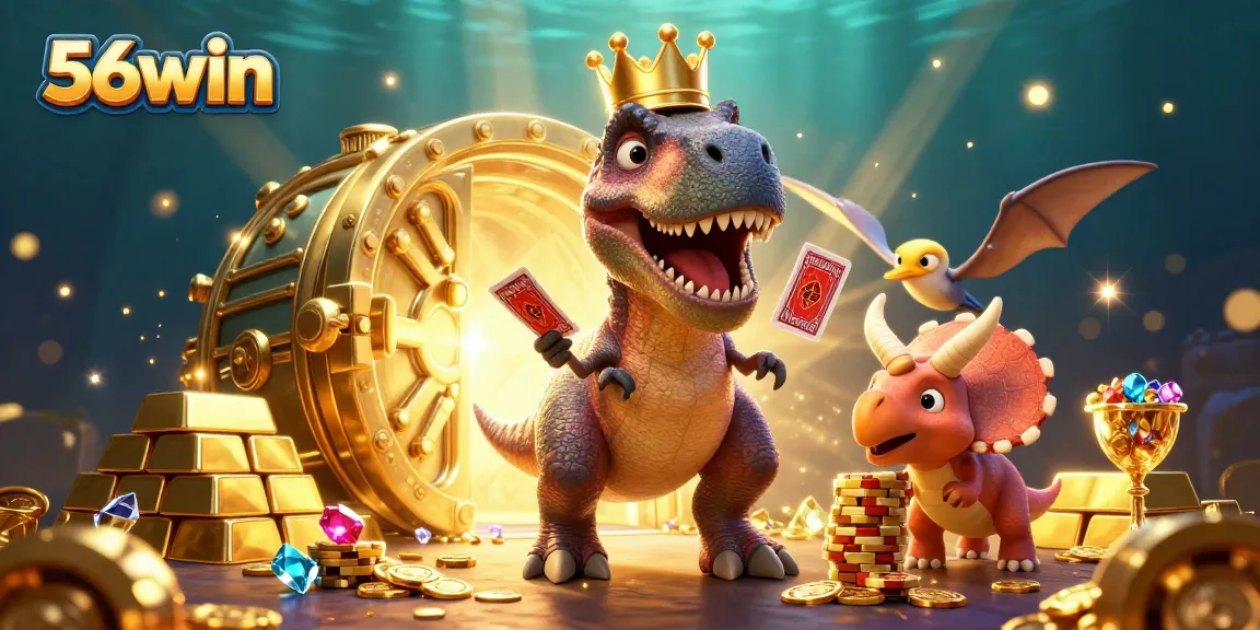 56win's vibrant casino scene with T-Rex shuffling cards while dazzling gems and golden chips surround him.