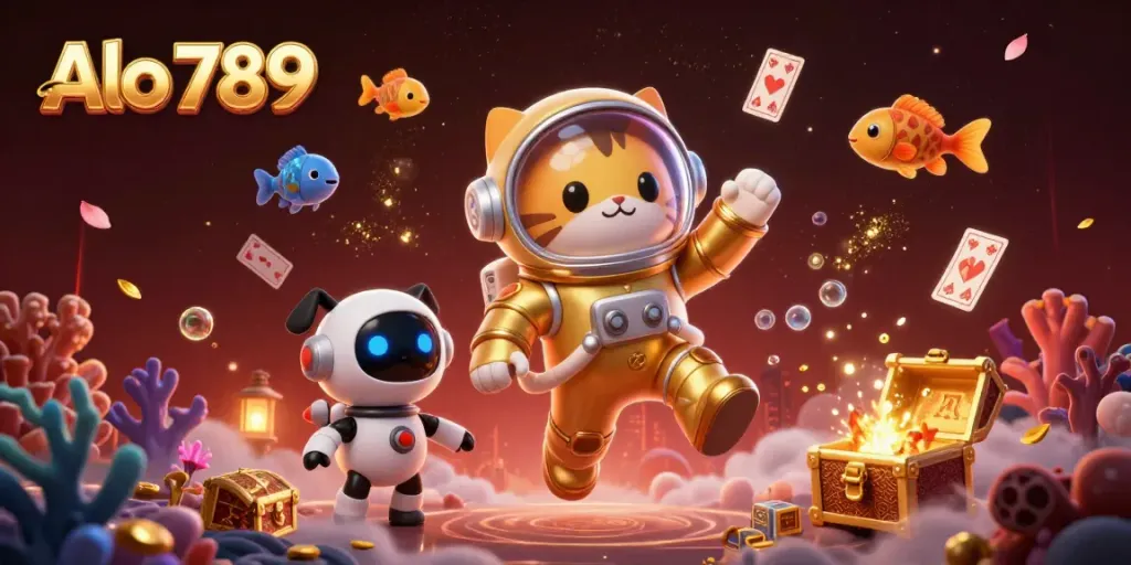 Alo 789 showcases an astronaut cat and robot dog in a dynamic casino-themed space setting.