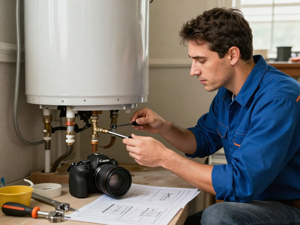 Direct water heater repair Fort Worth technician inspecting home water heater with tools and schematics.
