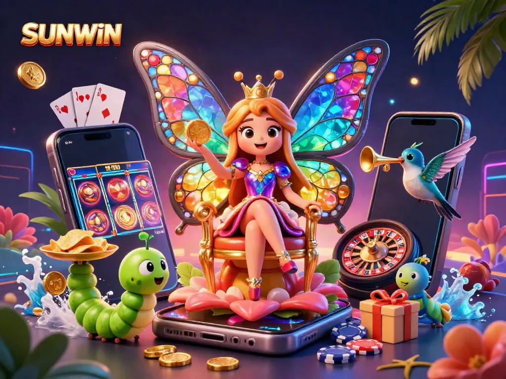 Win big with SUNWIN: 3D illustration featuring a colorful butterfly queen and casino elements.