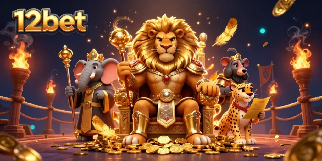 Engage with 12bet through a vibrant casino-themed illustration featuring a lion king, elephant advisor, and a cheetah.