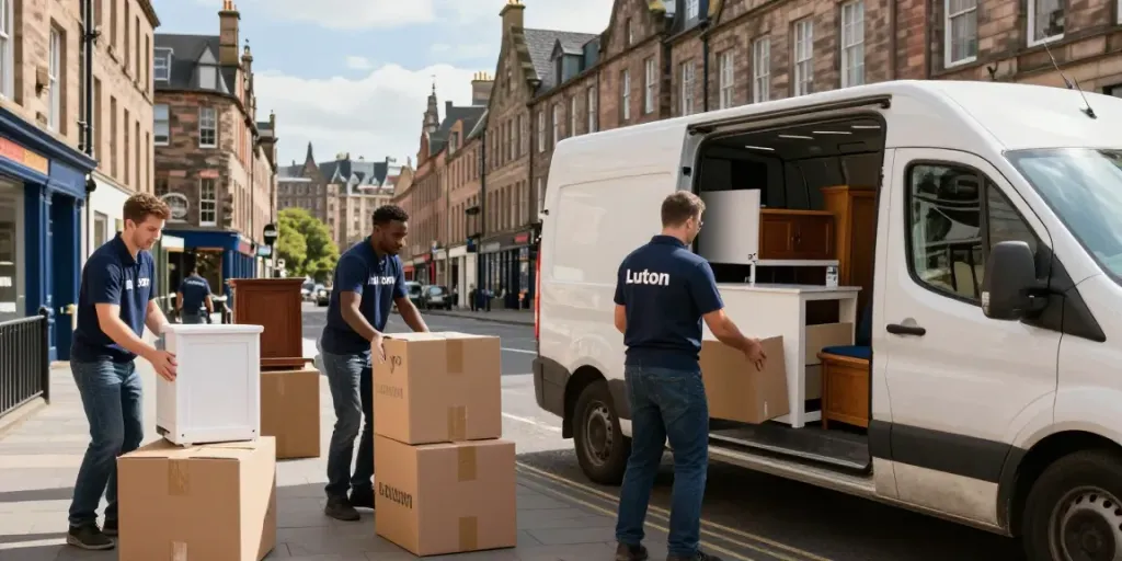 House Clearance Edinburgh team loading a Luton van with household items in a sunny street.