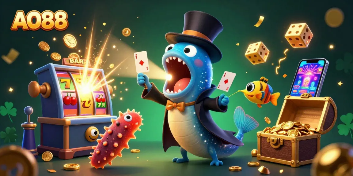 Experience the excitement of AO88 with vibrant casino characters and jackpot elements in this illustration.
