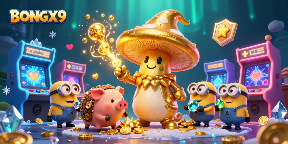 BONGX9 illustration of a wizard and treasure-hunting pig amidst vibrant casino-themed 3D elements.