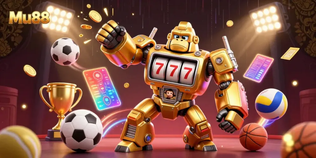 Experience the excitement of Mu88 with a vibrant 3D golden gorilla mech amidst dynamic sports elements, symbolizing casino action.