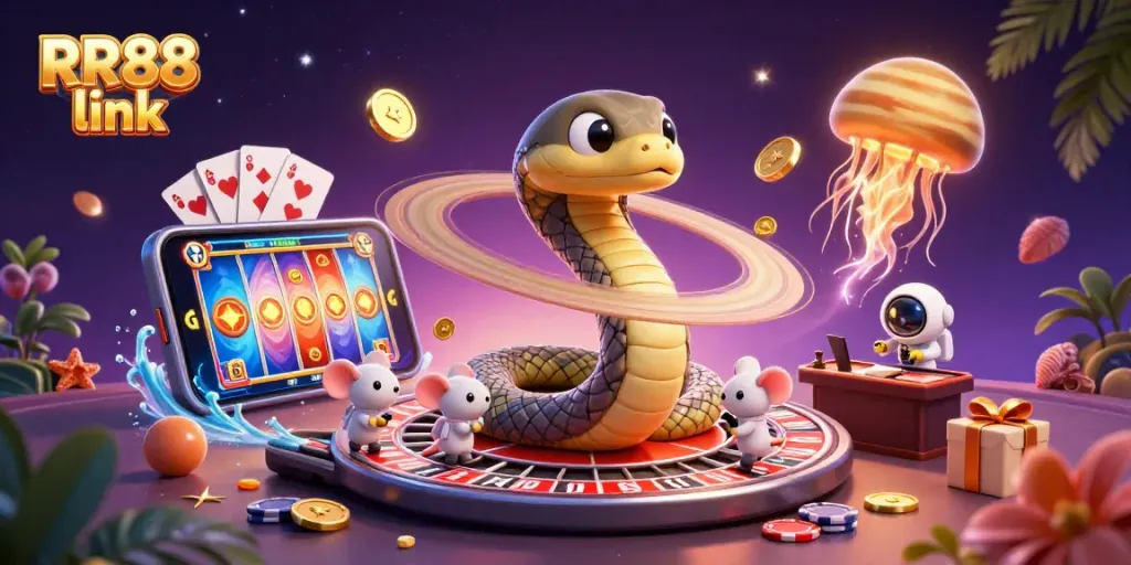 Experience the fun of online betting with RR88 link in a vibrant atmospheric casino scene.