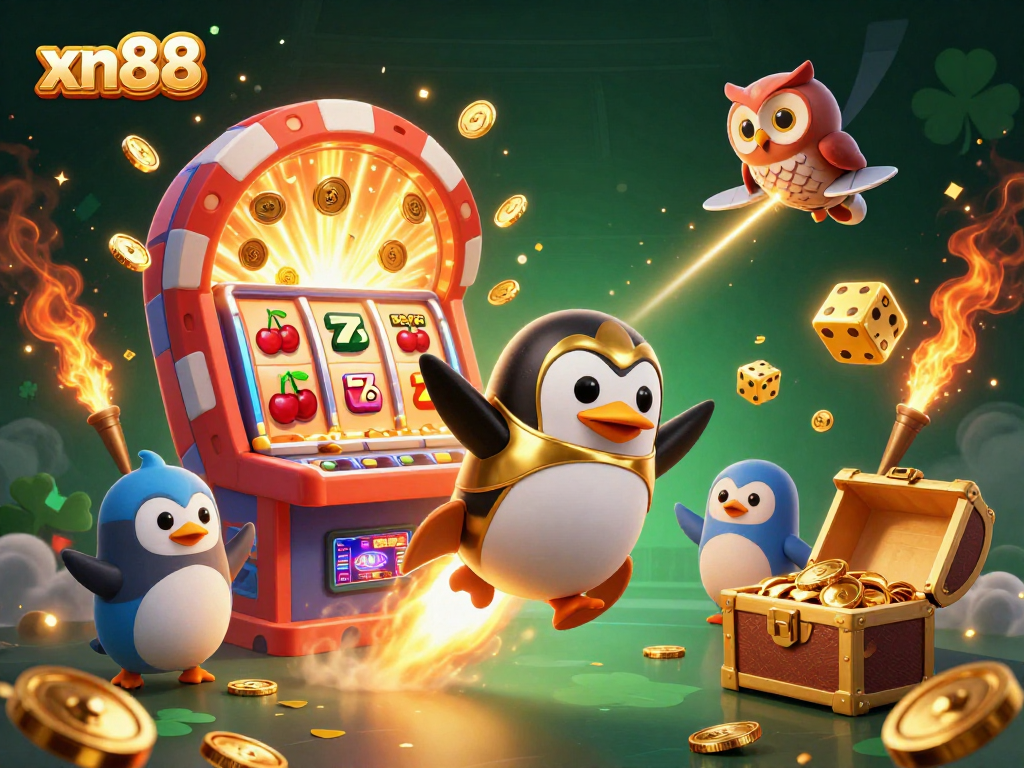 Fly into excitement with xn88's interactive casino scene, featuring a golden penguin, jackpot slot machine, and more!