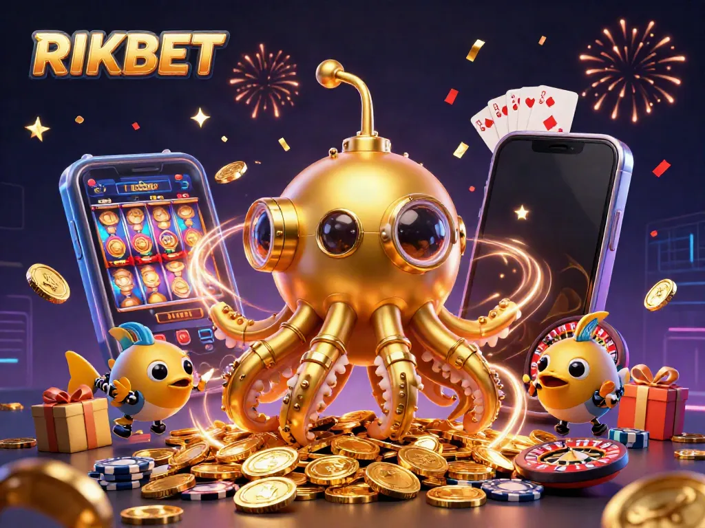 Experience excitement at RIKBET with a fantastical kraken submarine amidst casino treasures.