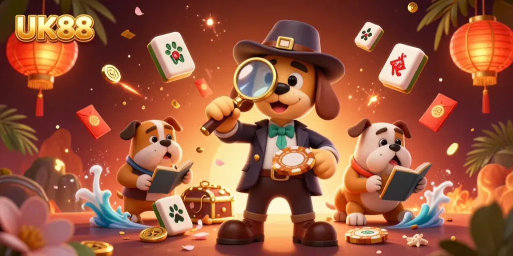 Engage in high-stakes fun at UK88 with a thrilling golden poker chip clue amid vibrant casino elements.