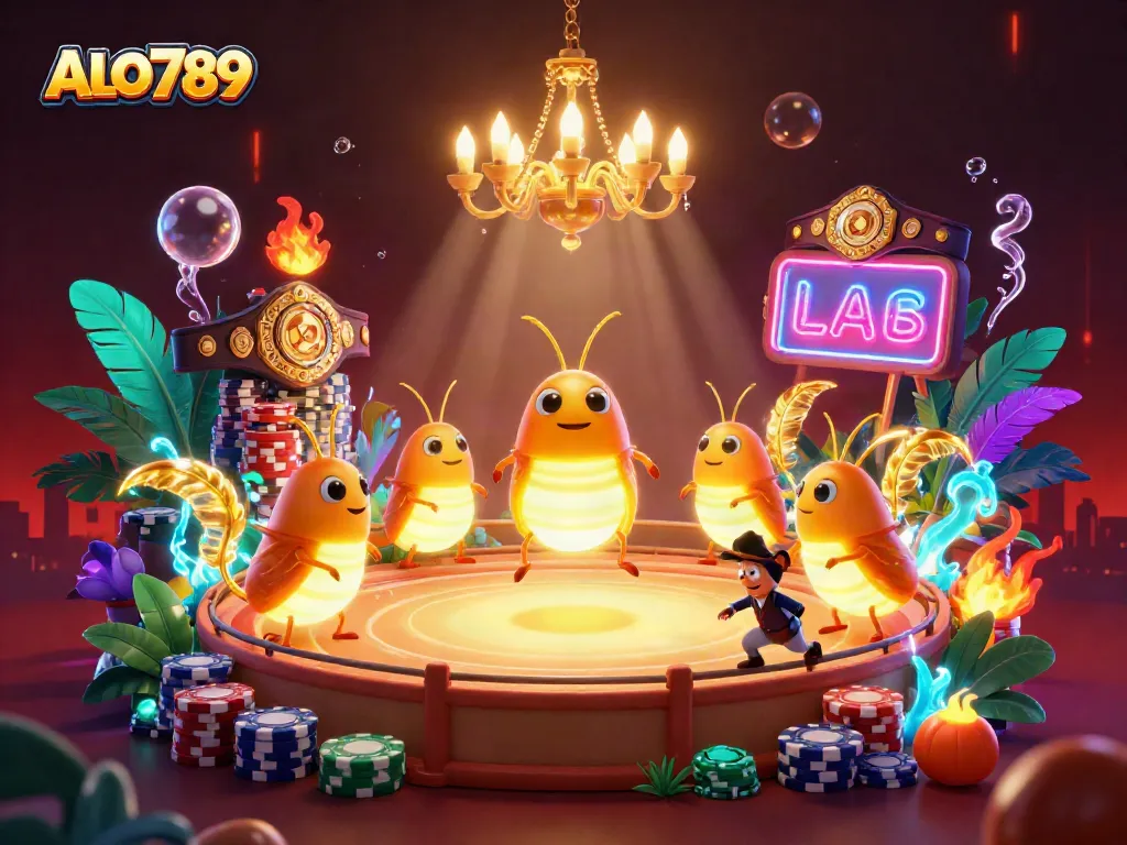 Experience ALO789's cockfighting arena illuminated by vibrant glowworms and a bat dealer creatively arranged amidst intense action.