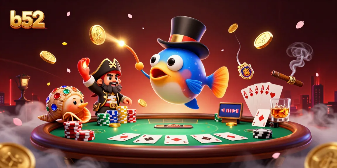B52club players winning gold coins in a vibrant underwater poker scene with colorful casino elements.