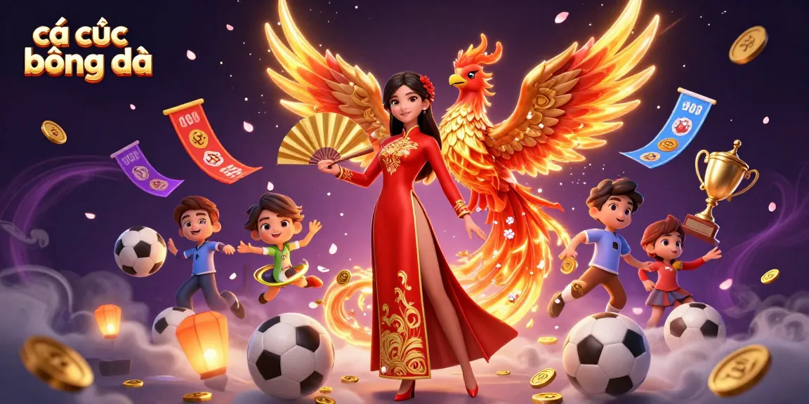 Place bets with cá cược bóng đá, featuring a woman in ao dai with a phoenix and sports elements.