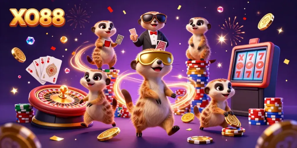 Experience excitement at XO88 with meerkats managing a vibrant casino filled with games and treasures.