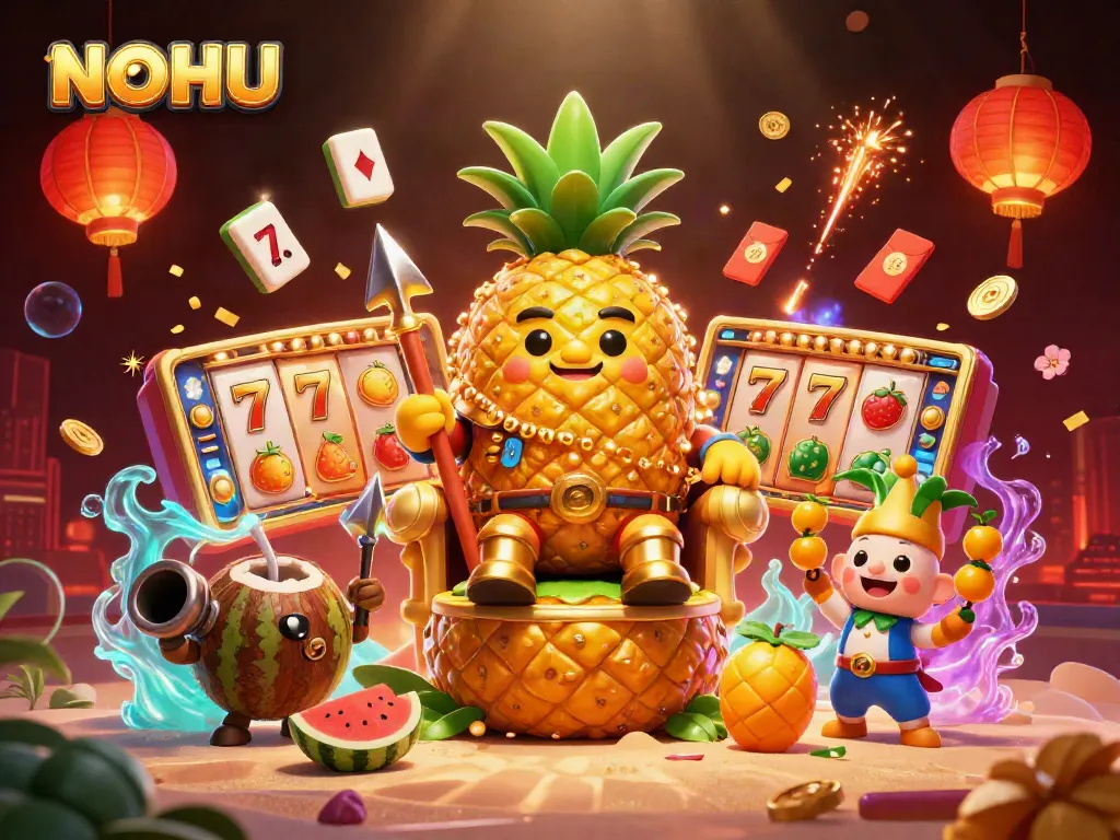 Engage with NOHU casino adventures featuring a golden pineapple king surrounded by slots and festive elements.