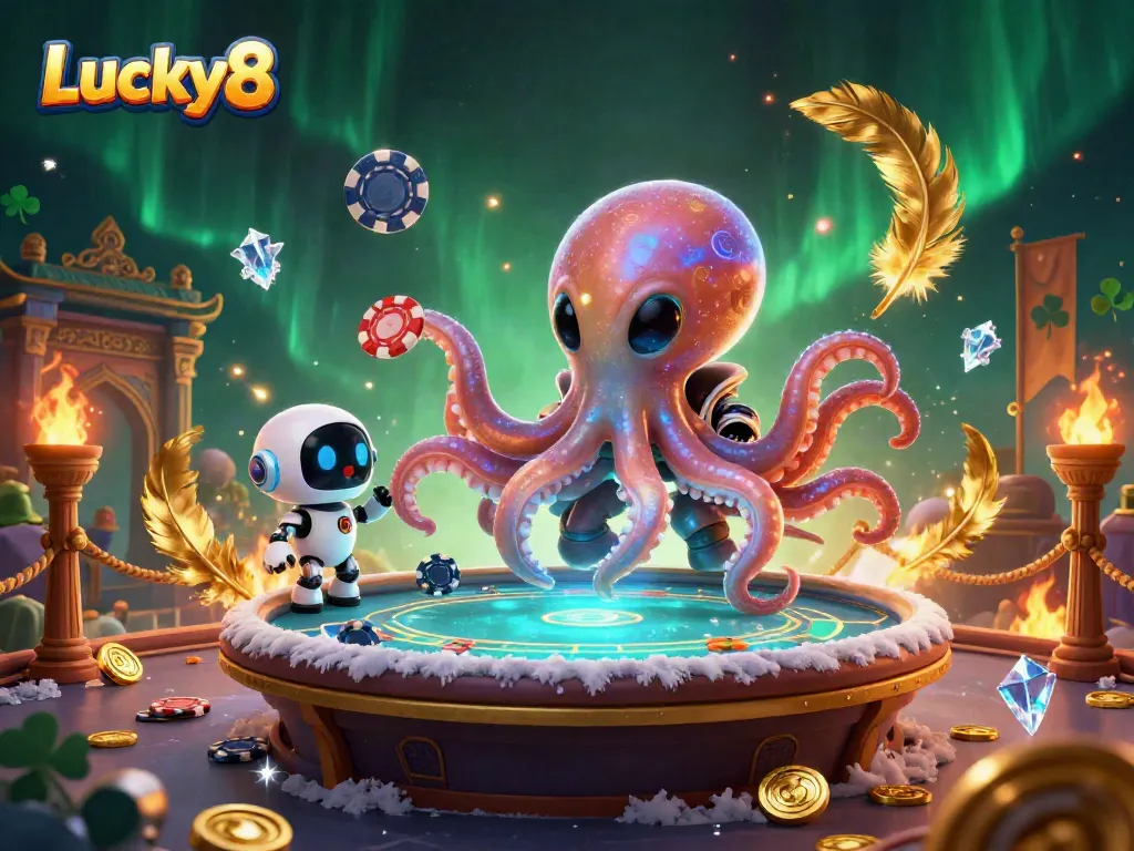 Play poker with Lucky8's alien octopus and robot in a vivid casino-themed battle.