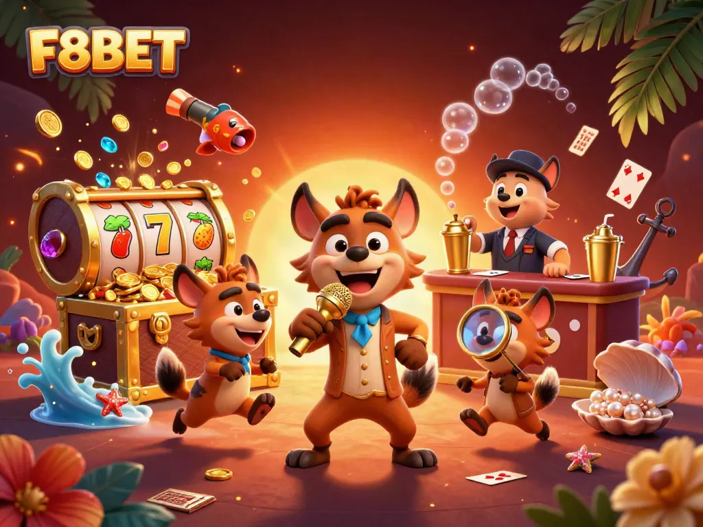 F8BET brings joy with a hyena-comedy casino scene showcasing lively characters, gold coins, and slot elements.