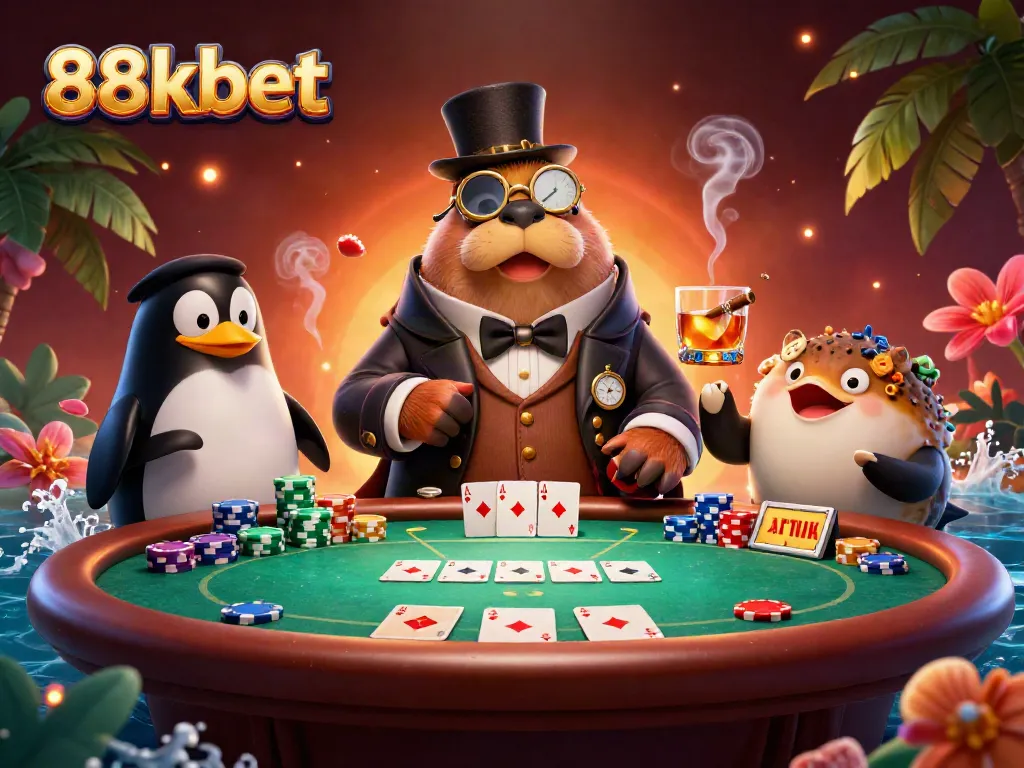 Enjoy thrilling poker action with 88kbet featuring a walrus, penguin dealer, and pufferfish bluffing.