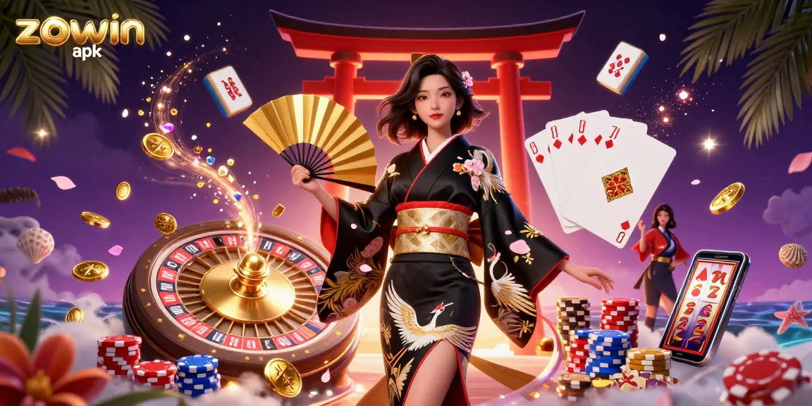 Zowin apk showcases an elegant woman in a kimono, amidst a vibrant casino scene with gold coins and gambling elements.