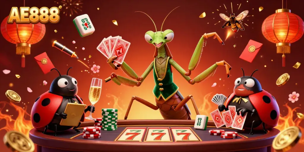 Experience excitement at AE888 with a vibrant casino scene featuring a card sharp and pit boss.