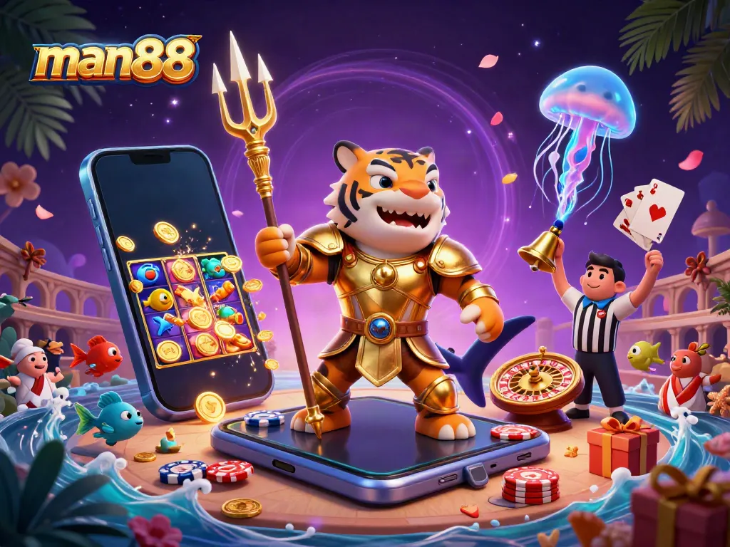 Engage with the thrilling man88 online casino experience featuring a golden gladiator shark and dynamic game elements.