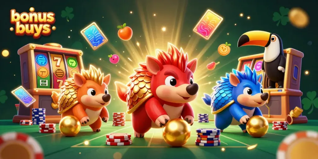 Two rival pangolins inspired by bonus buys clash among vibrant slot symbols and poker chips in a dynamic casino scene.