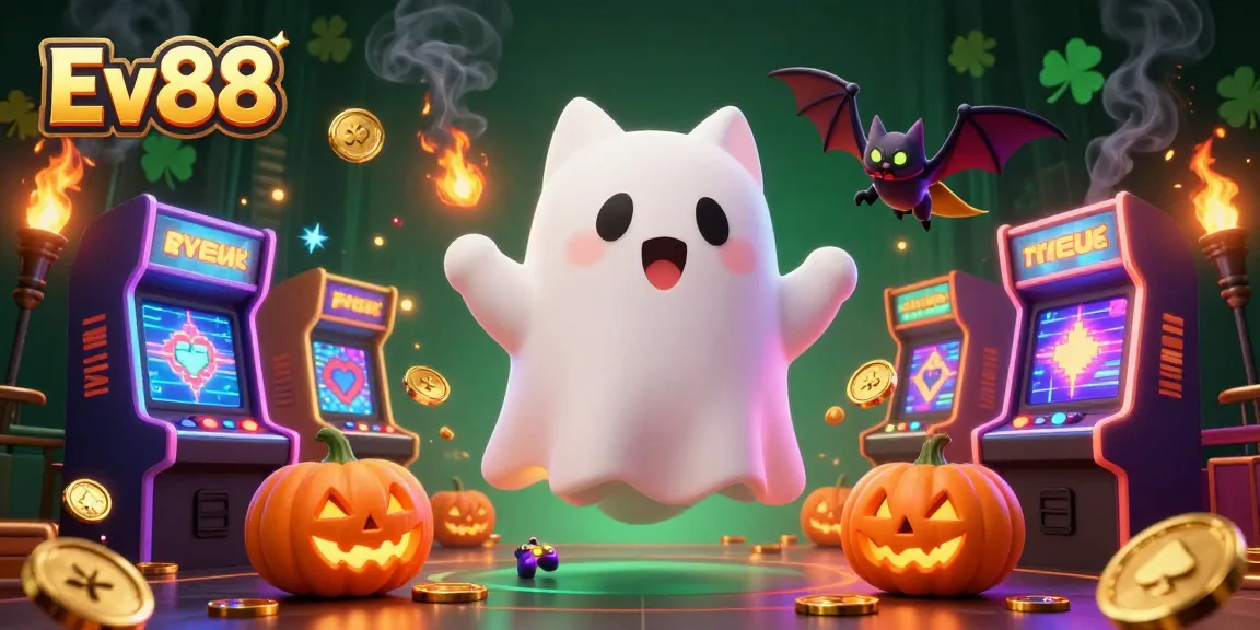 Experience thrilling gameplay with Ev88 in an ultra-detailed haunted casino scene filled with vibrant characters and dynamic elements.
