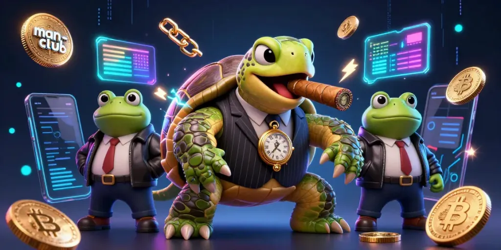 Join the man-club as the snapping turtle leads a vibrant gaming adventure on the casino floor.