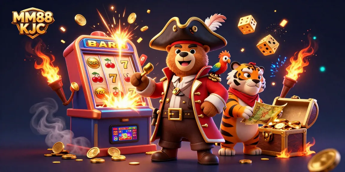 Experience the thrill with MM88 KJC as a dynamic pirate bear and friends celebrate a casino jackpot!