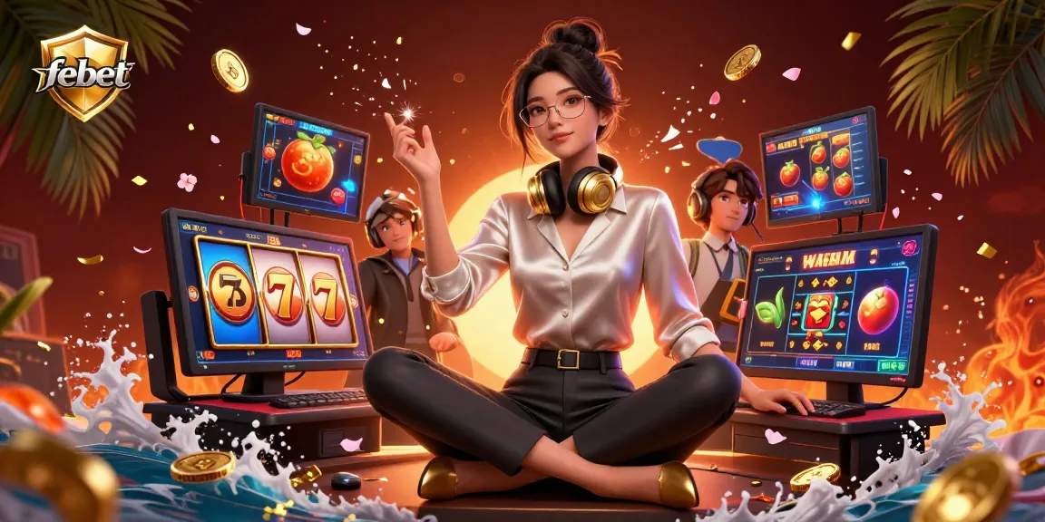 Play big at Febet with a photorealistic scene of a gamer woman celebrating slot wins amidst vibrant casino elements.