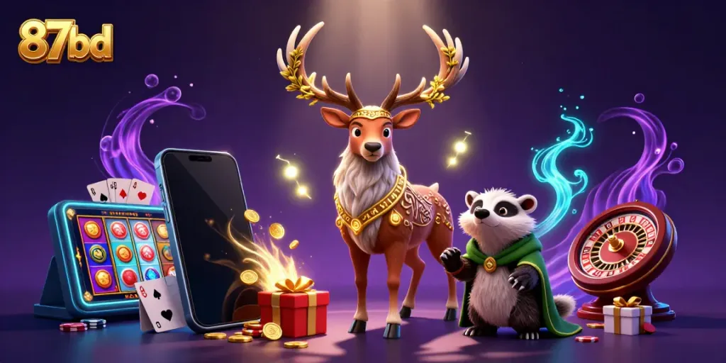 Engage with the thrilling 87bd casino experience, featuring a Celtic stag and wise badger amidst vibrant gaming elements.