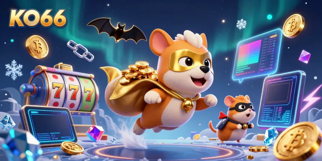KO66 promotional illustration with a heroic dog and hamster, showcasing dynamic gambling elements.