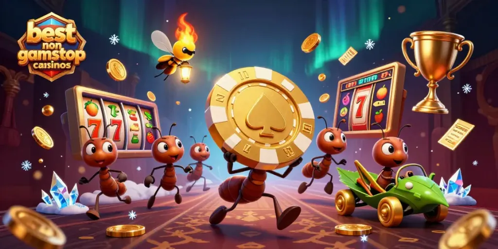Engaging scene showcasing best non gamstop casinos through dynamic 3D heist depiction.