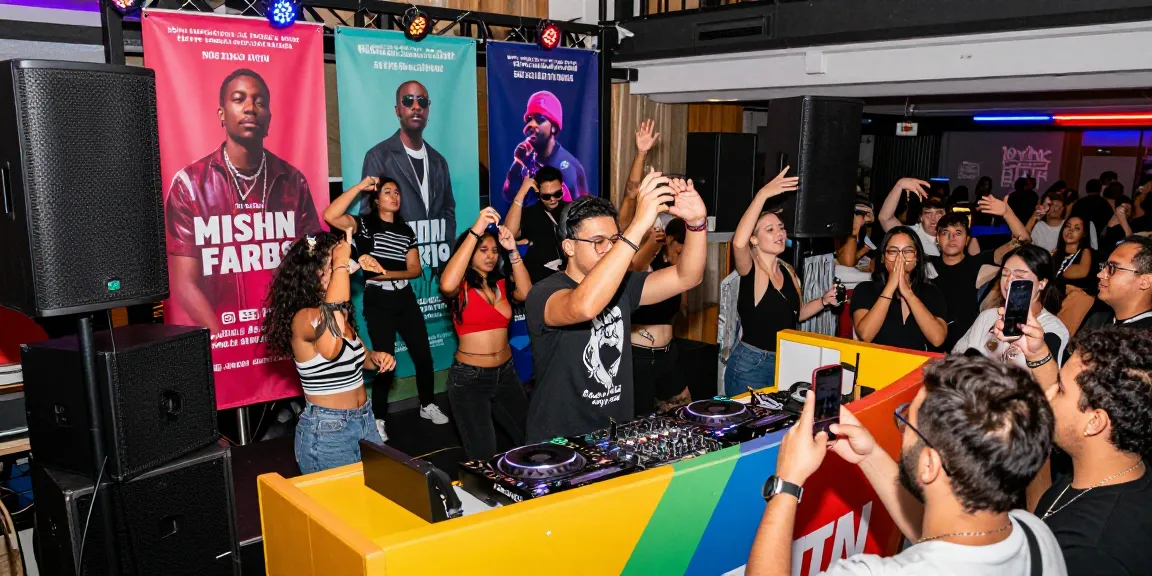Music promotion event showcasing DJs and artists engaging audiences in a vibrant urban venue.