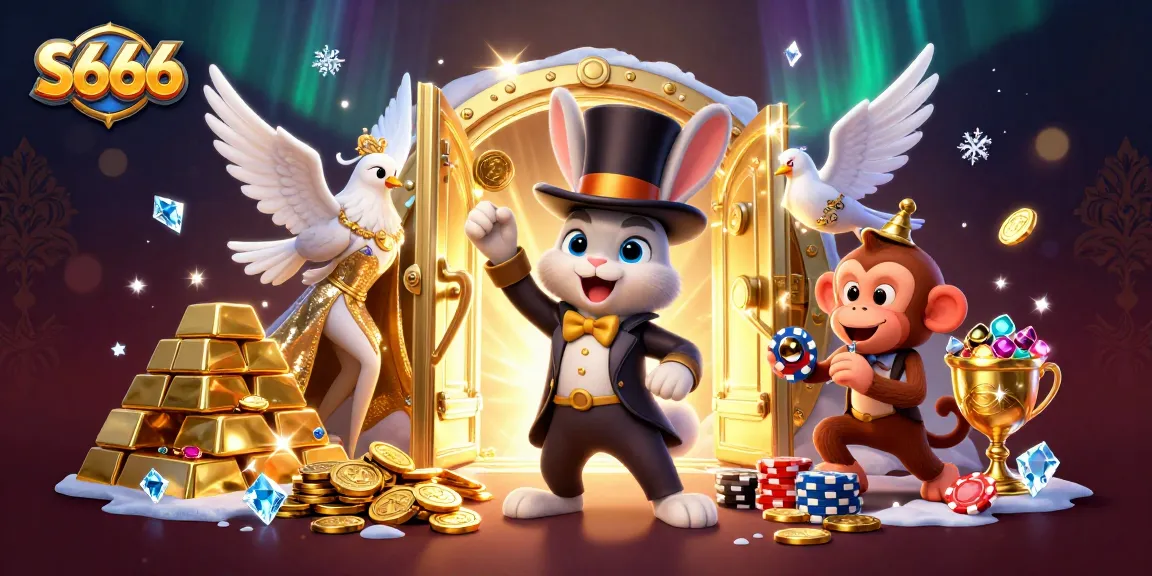 Experience exciting games as S666's magician rabbit conjures coins amidst dazzling gems and treasures.