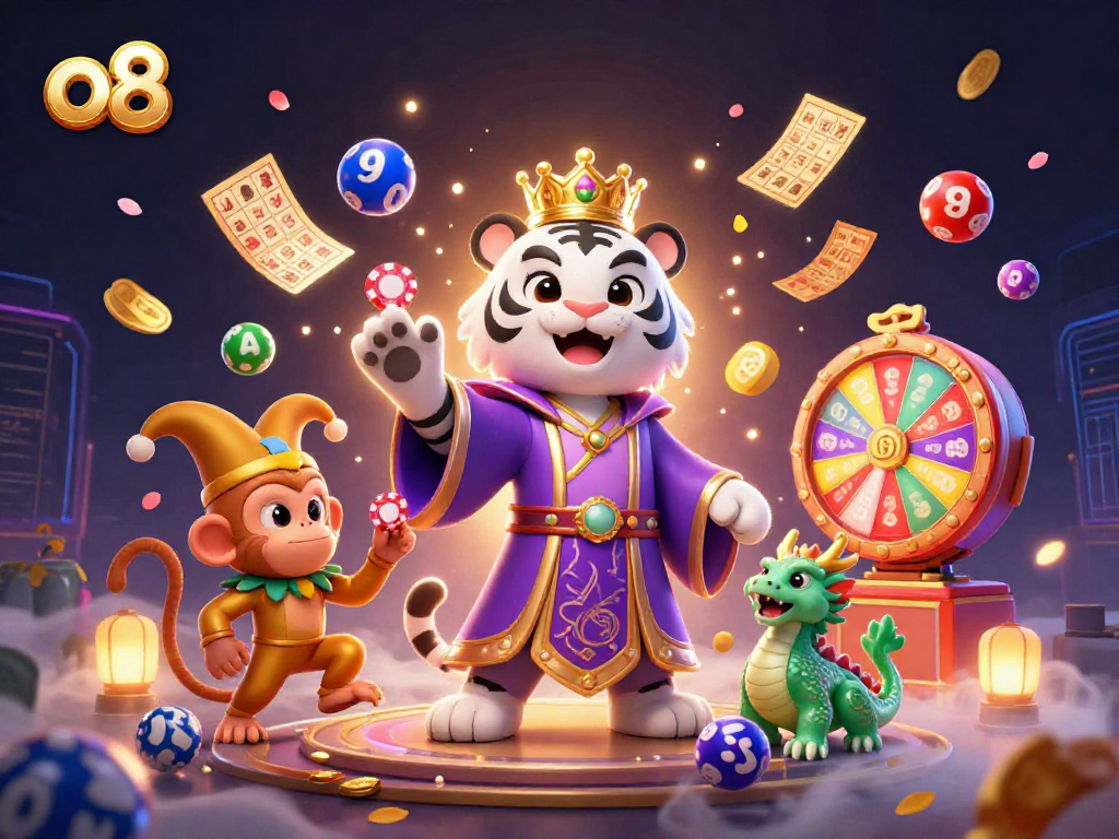 Experience the thrill of gaming at o8 with an exciting casino illustration featuring vibrant characters and game elements.