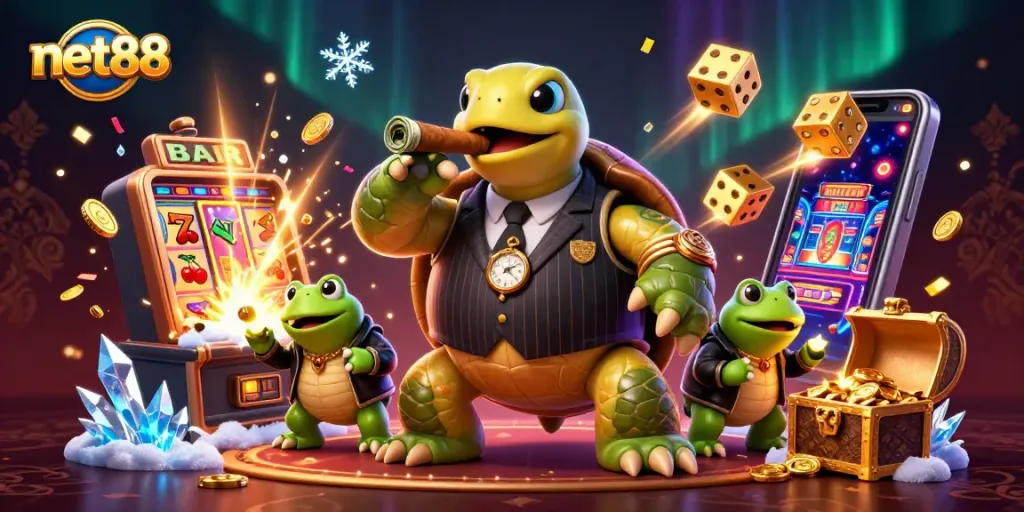 Experience the thrilling action of net88 with a vivid illustration featuring a snapping turtle and slot machine.