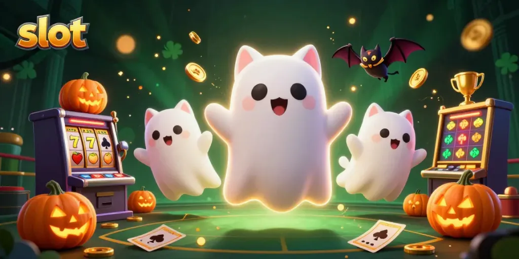 Experience thrilling slot adventures with a playful ghost cat and vampire bat in a vibrant casino.