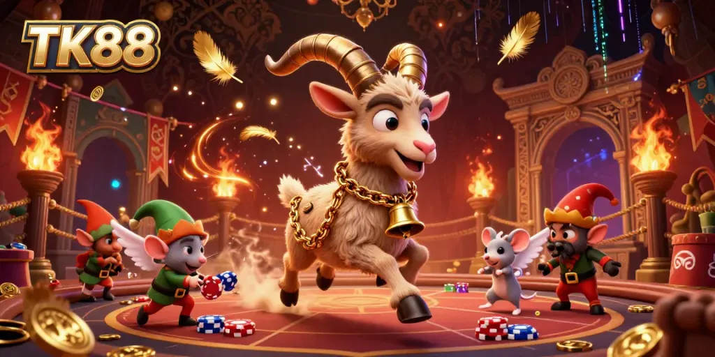 Engage in thrilling games at TK88 casino with a whimsical 3D scene of Krampus, an angel mouse, and mischievous elves.