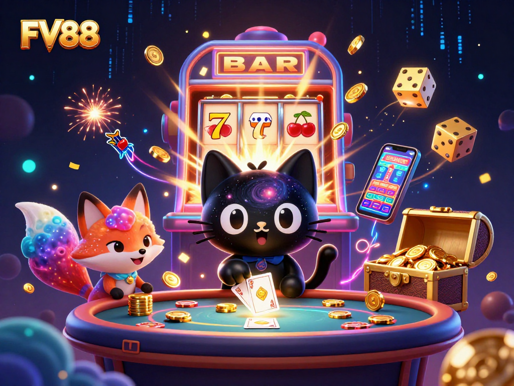 Experience the excitement at FV88 with the cosmic casino characters pulling in winning chips and cards.