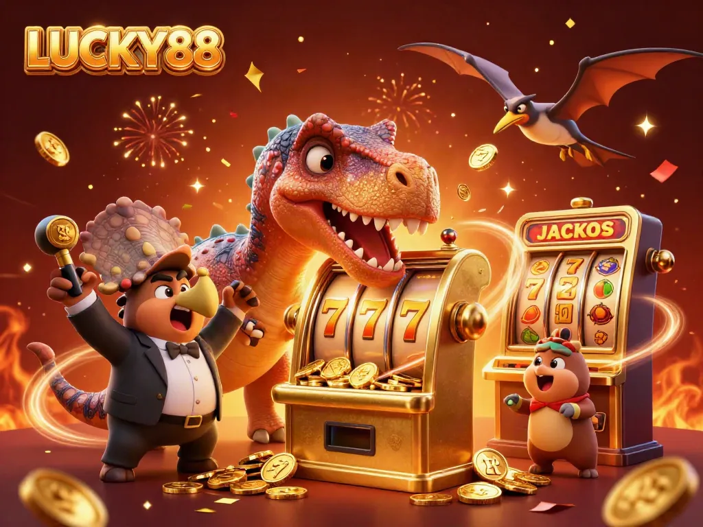 LUCKY88 delivers a thrilling jackpot experience with a dynamic scene featuring vibrant cartoon dinosaurs and a golden slot machine.