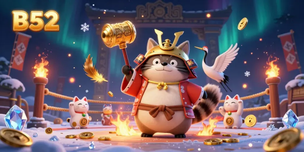 B52 platform featuring a tanuki and samurai crane amidst golden coins, enhancing your winning strategies in casino gaming.