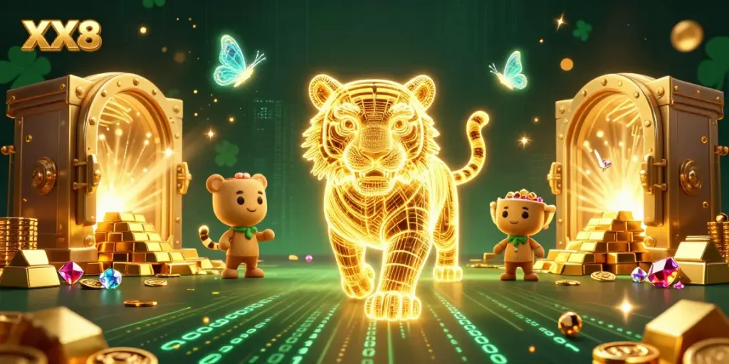 Experience thrilling wins at XX8, featuring a golden tiger in a vibrant casino environment.