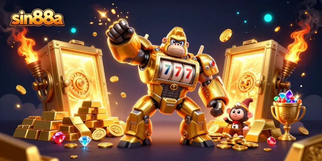 Engage with sin88a as a golden gorilla mech bursts coins in a rich casino scene.