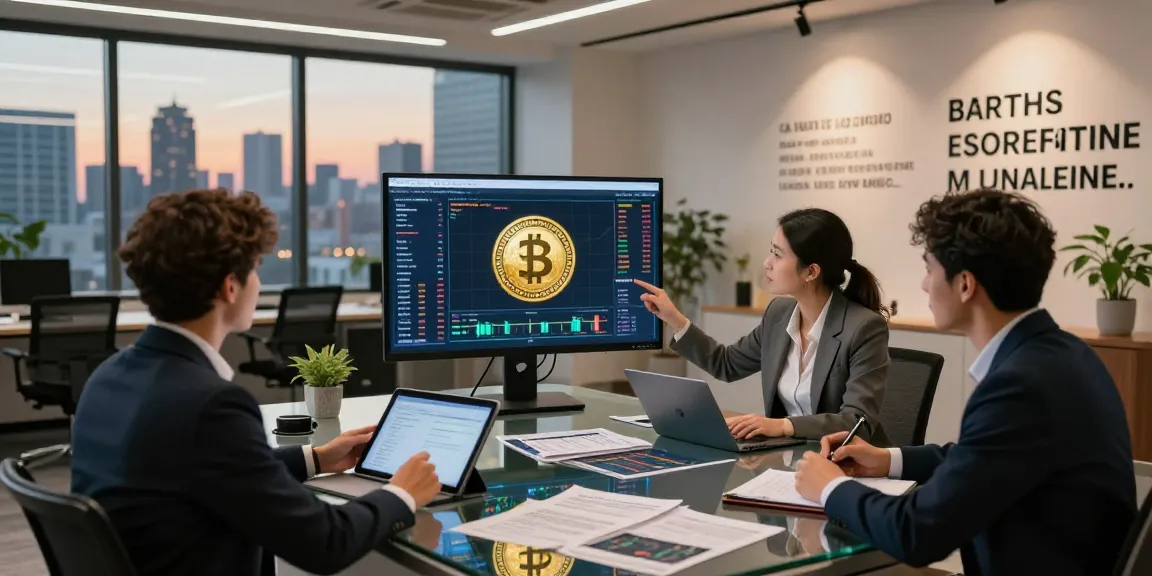 Professionals explaining how to buy BRICS coins in a modern office setup with investment charts and monitors.